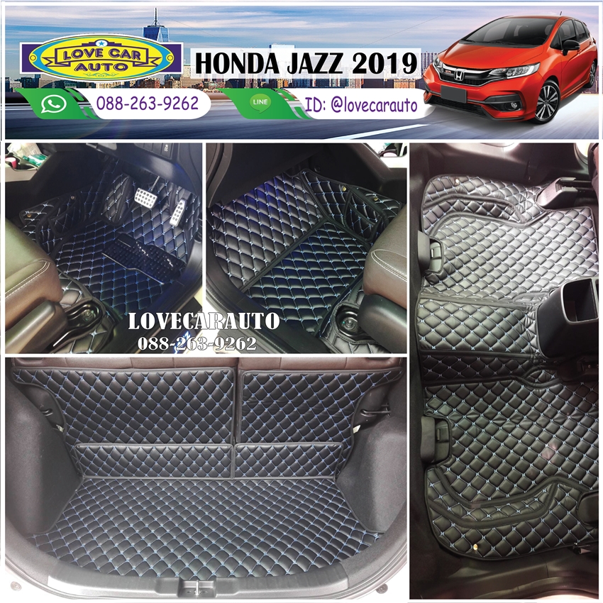 พรมปูพื้นรถยนต์ 6D HONDA JAZZ 2019 สีดำด้ายฟ้า เต็มคัน