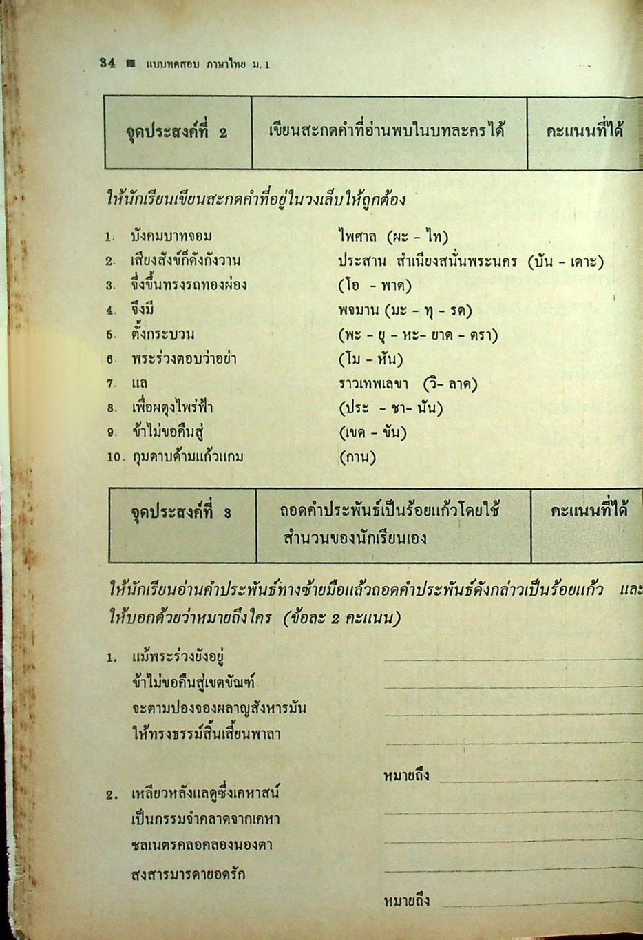แบบทดสอบประเมินผลตามจุดประสงค์การเรียนรู้ ภาษาไทย ท ๑๐๑ - ท ๑๐๒ ชั้นมัธยมศึกษาปีที่ ๑