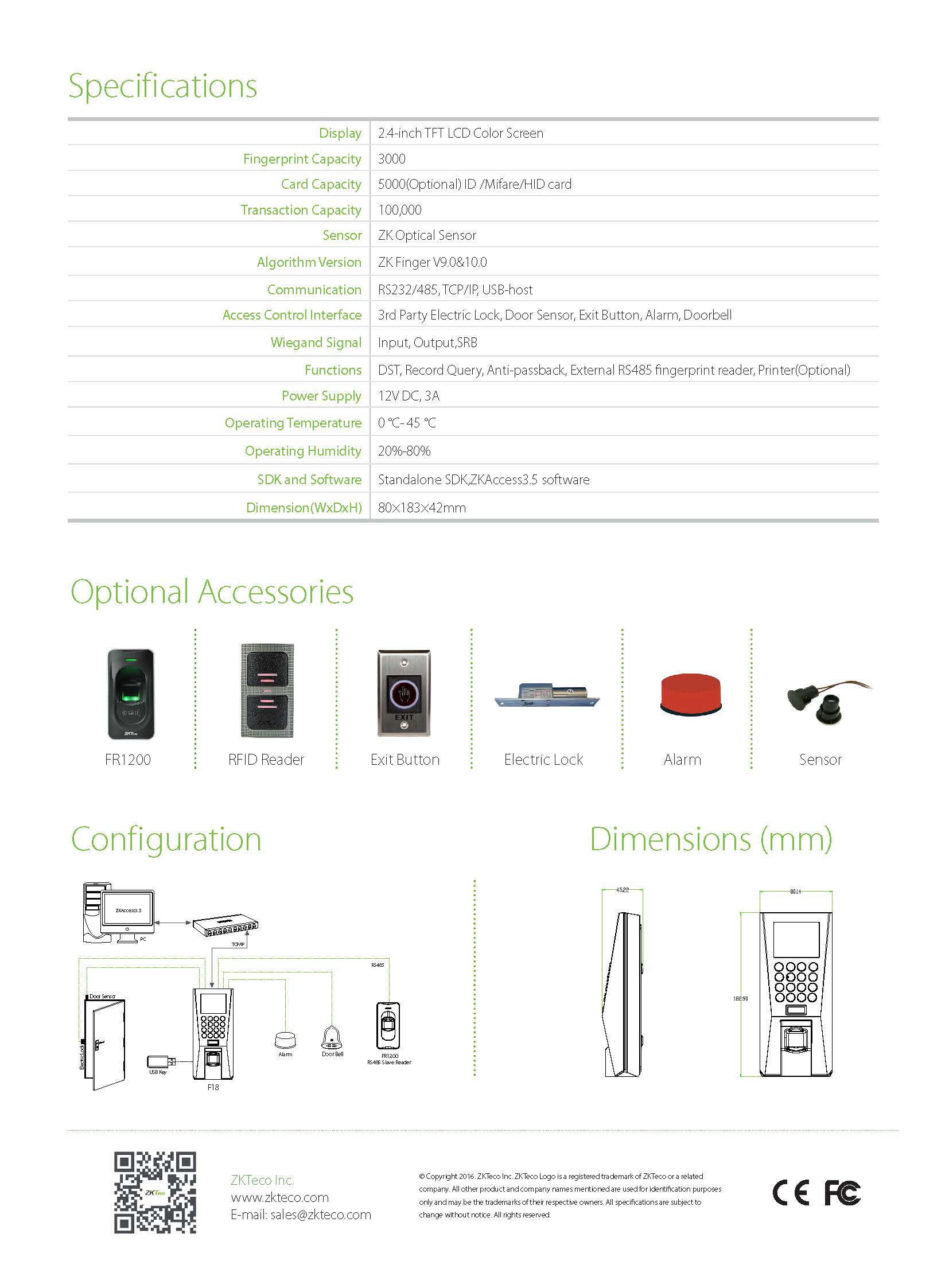 เครื่องสแกนลายนิ้วมือ Zkteco F18