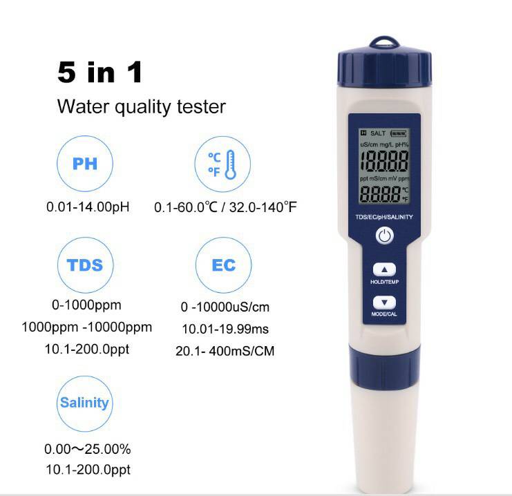 เครื่องวัดค่า PH วัดอุณหภูมิ วัด TDS วัด EC วัดเกลือ สำหรับตรวจสอบคุณภาพน้ำ ในบ่อเพาะเลี้ยงสัตว์น้ำ และตรวจสอบคุณภาพน้ำ