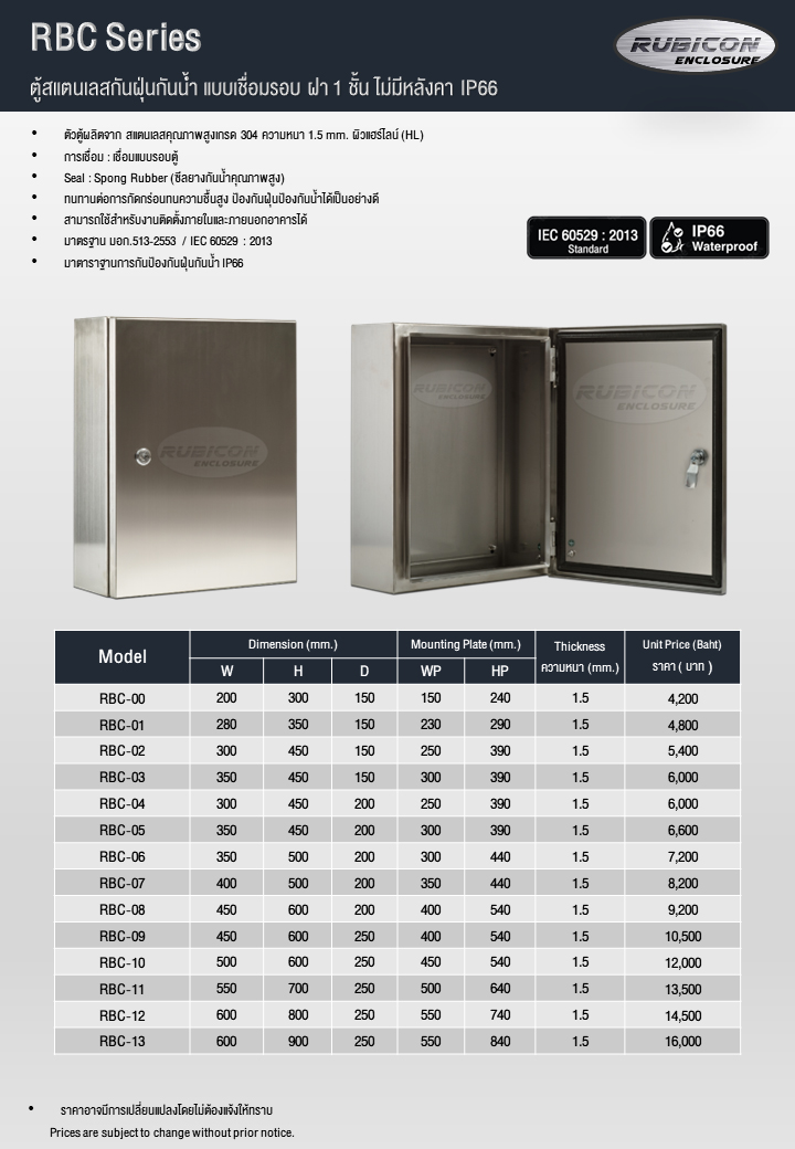 RBC-00 ตู้สแตนเลสกันน้ำ ฝา 1 ชั้น Size : W200xH300xD150 mm. สแตนเลส 304 (SUS 304) ความหนา 1.5 มม.