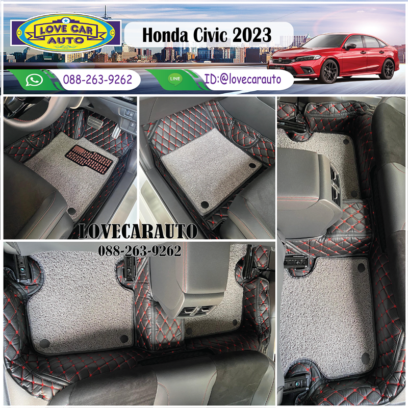 พรมปูพื้นรถยนต์ 7D Honda Civic 2023 สีดำด้ายแดง + ไวนิลเทา