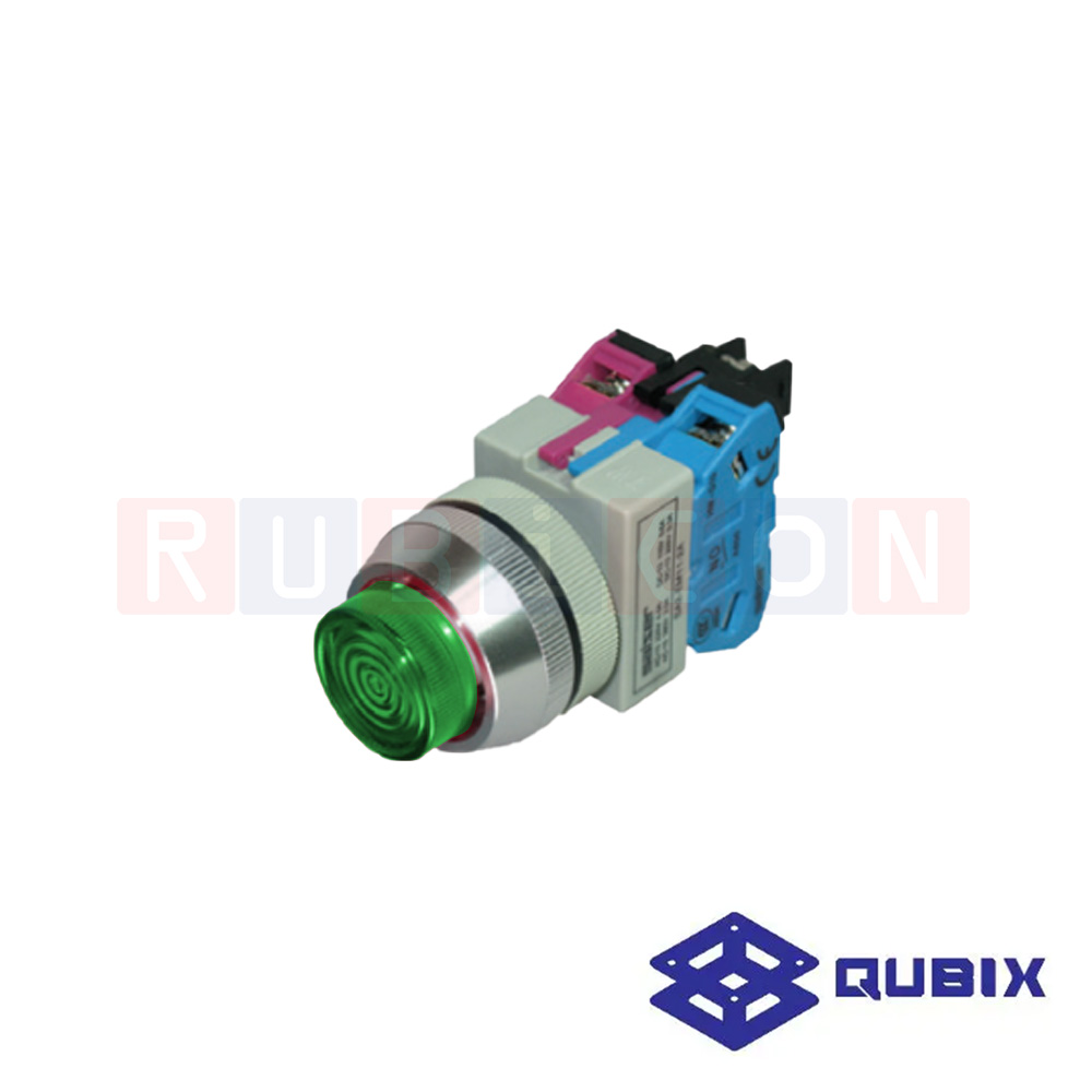 QUBIX SA3-EML11G-2A สวิตช์กดมีแล้มป์ กดเด้งกลับ สีเขียว (GREEN) LED 220VAC CONTACT 1NO+1NC (ILLUMINATED CONTROL SWITCHES : Ø30 MM.)