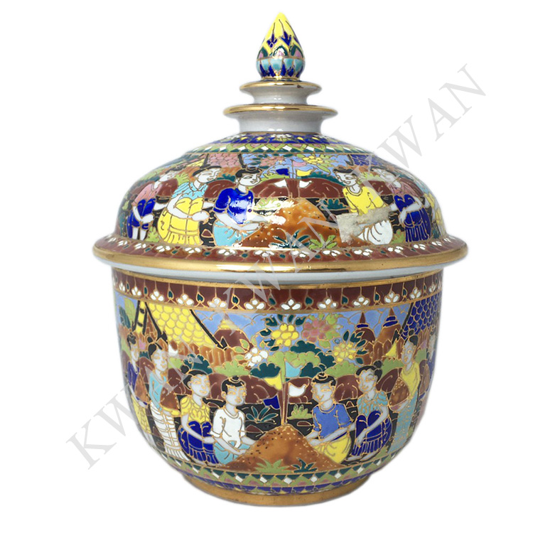 KWAN โถเบญจรงค์ 6 นิ้ว ลายประเพณีก่อพระทราย พื้นดำ