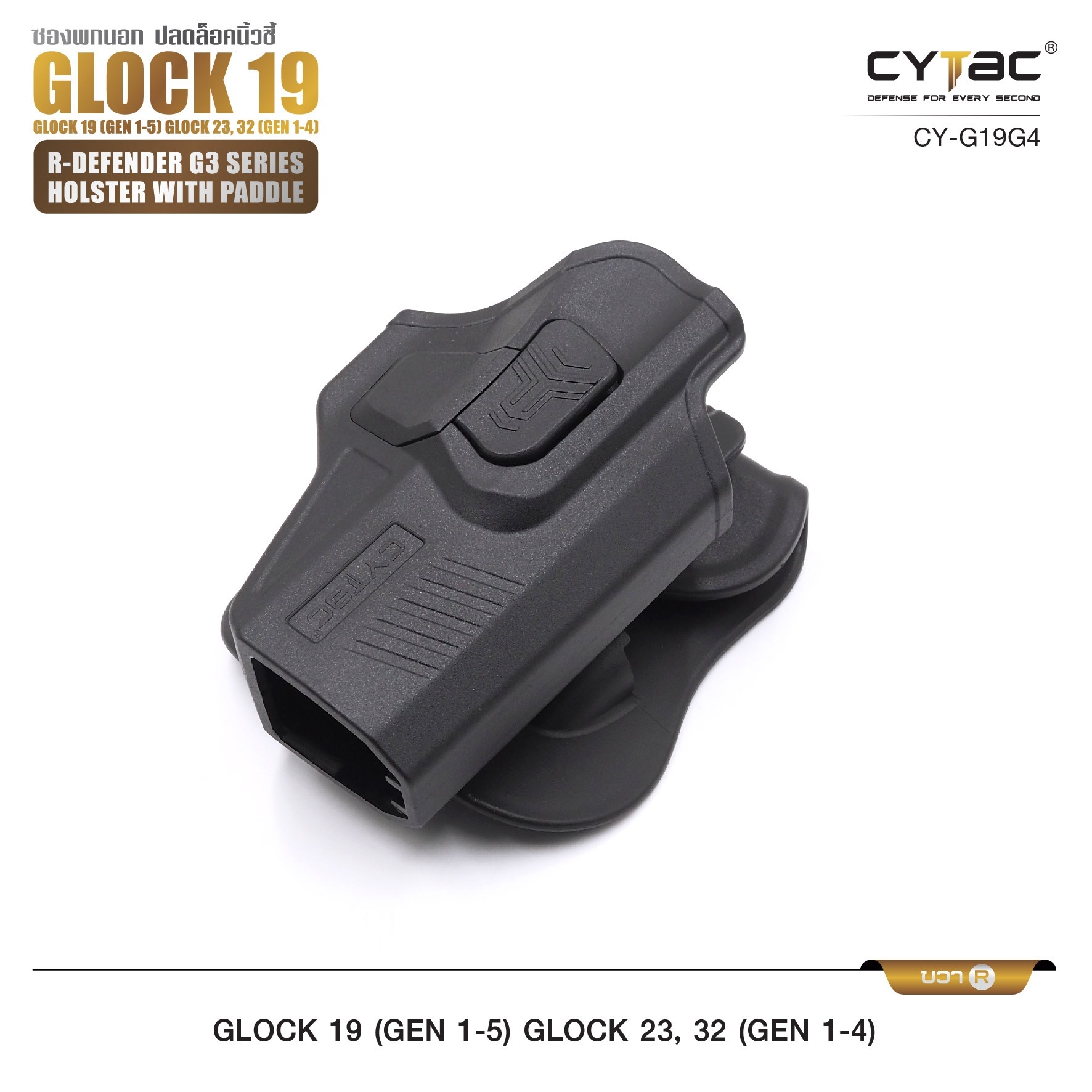 🇹🇭 652 ไทยแลนด์ แทคติคอล CYTAC ซองพกนอก ปลดล็อคนิ้วชี้ รุ่น GLOCK 19,23,32