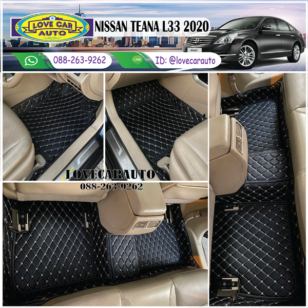 พรมปูพื้นรถยนต์6D Nissan Teana L33 2020 ลายเคฟล่าสีดำด้ายทอง