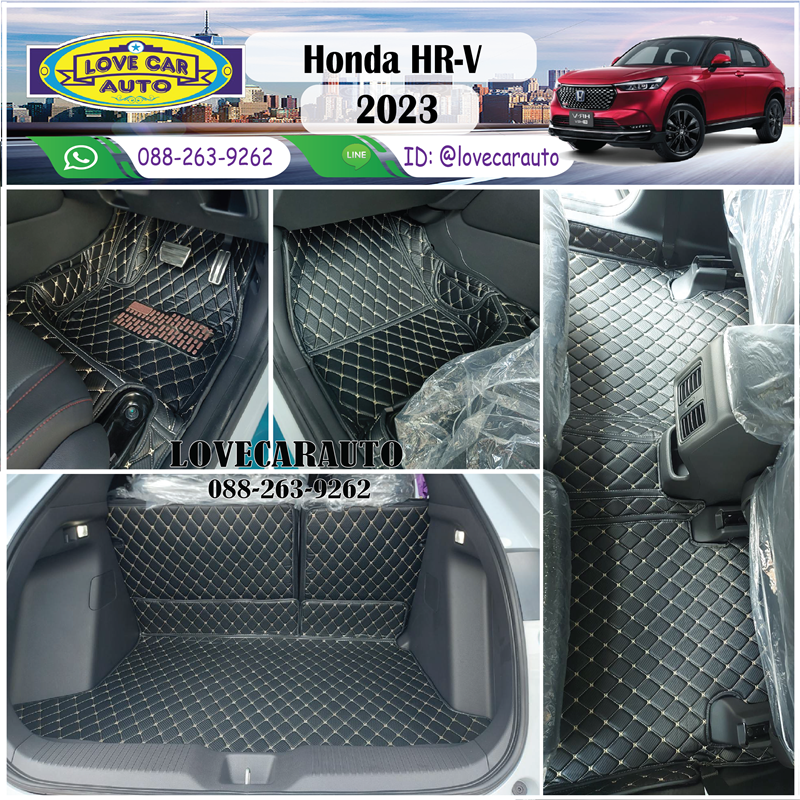 พรมปูพื้นรถยนต์ Honda HR-V 2023 พรม6D สีดำด้ายทอง ลายเคฟล่า
