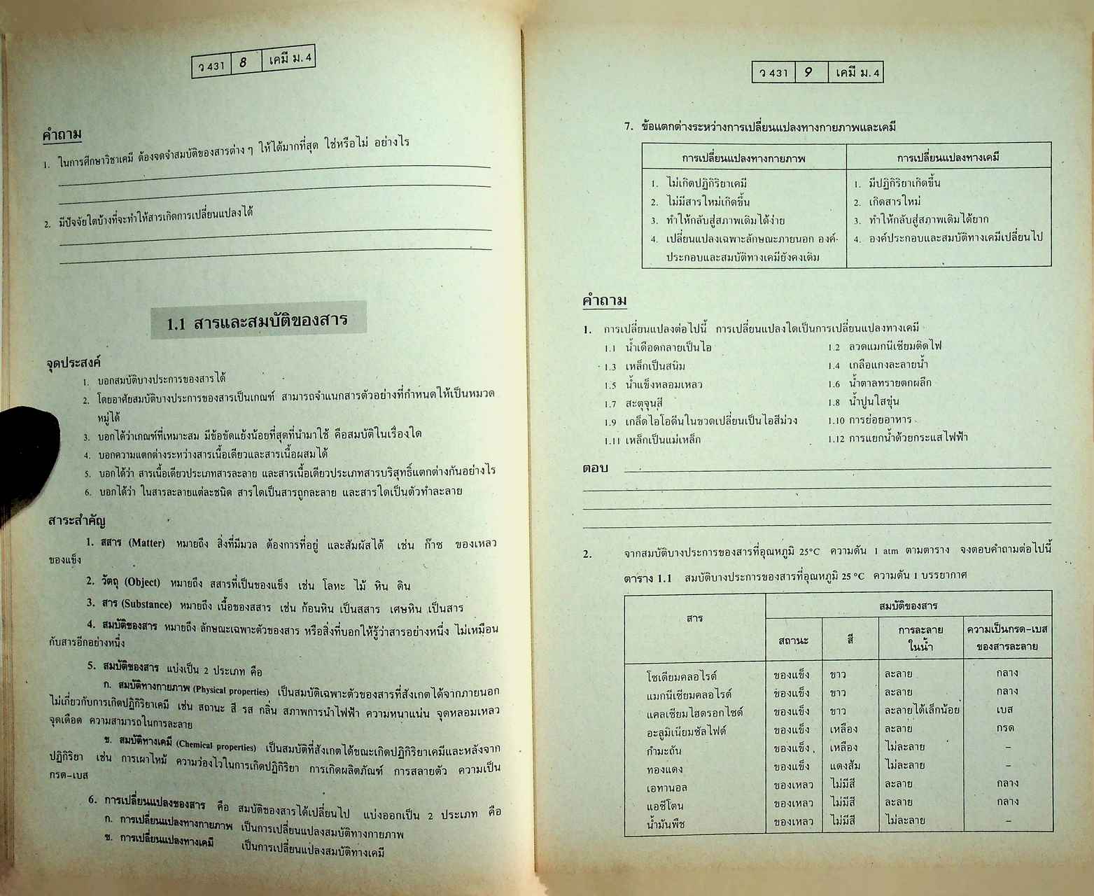 แบบฝึกการเรียนและเสริมประสบการณ์ เคมี ม.4 เล่ม 1 ว 431