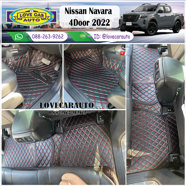 พรมปูพื้นรถยนต์ 6D Nissan Navara 4Door 2022 ลายเคฟล่าสีดำด้ายแดง