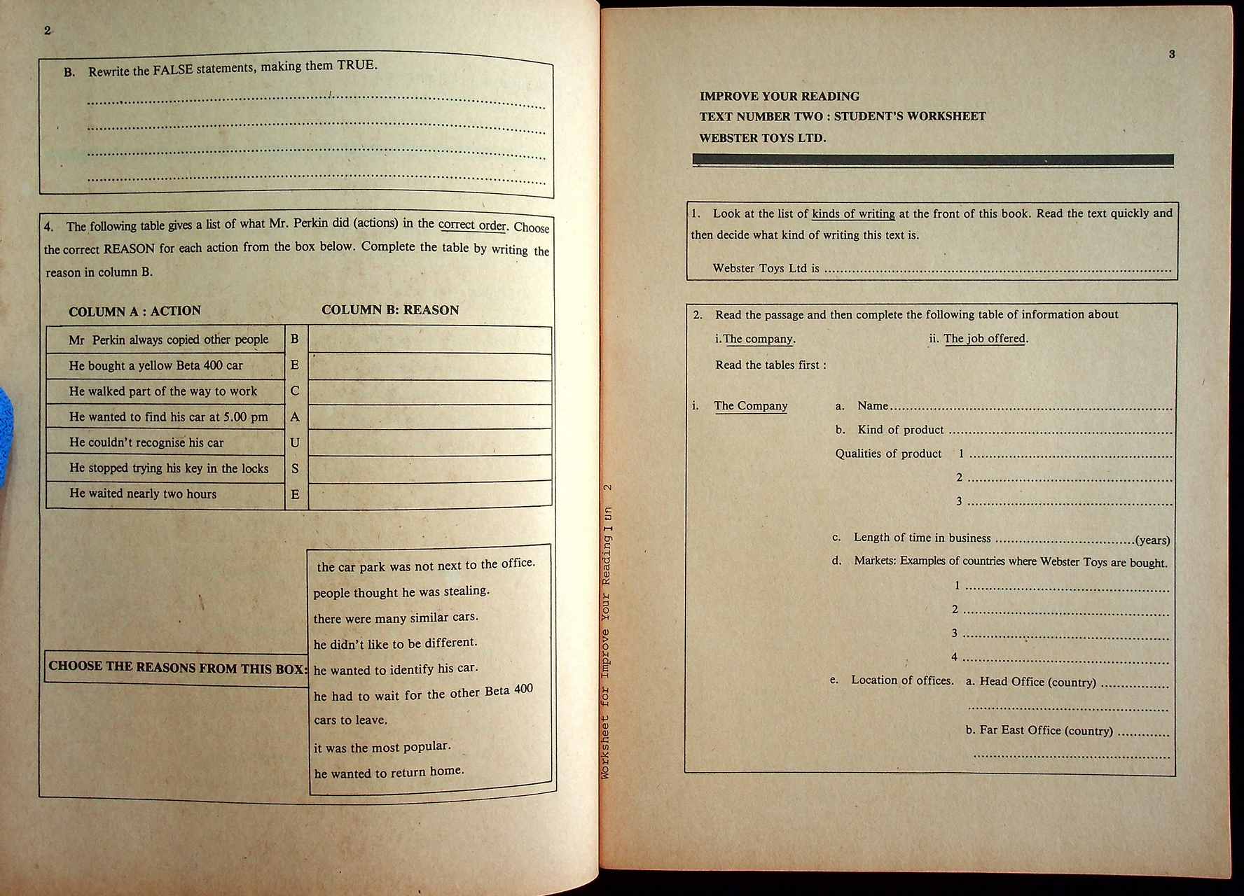 WORKSHEET IMPROVE YOUR READING BOOK 1 FOR M.4 ENGLISH 431-432