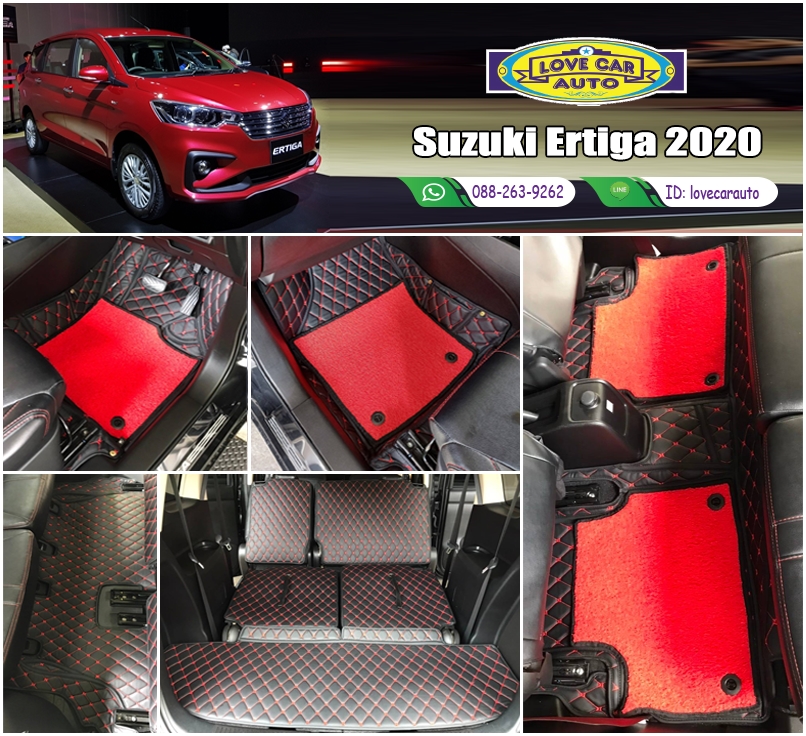 พรมรถยนต์ 7D สีดำด้ายแดง + ไวนิลสีแดง Suzuki Ertiga 2020
