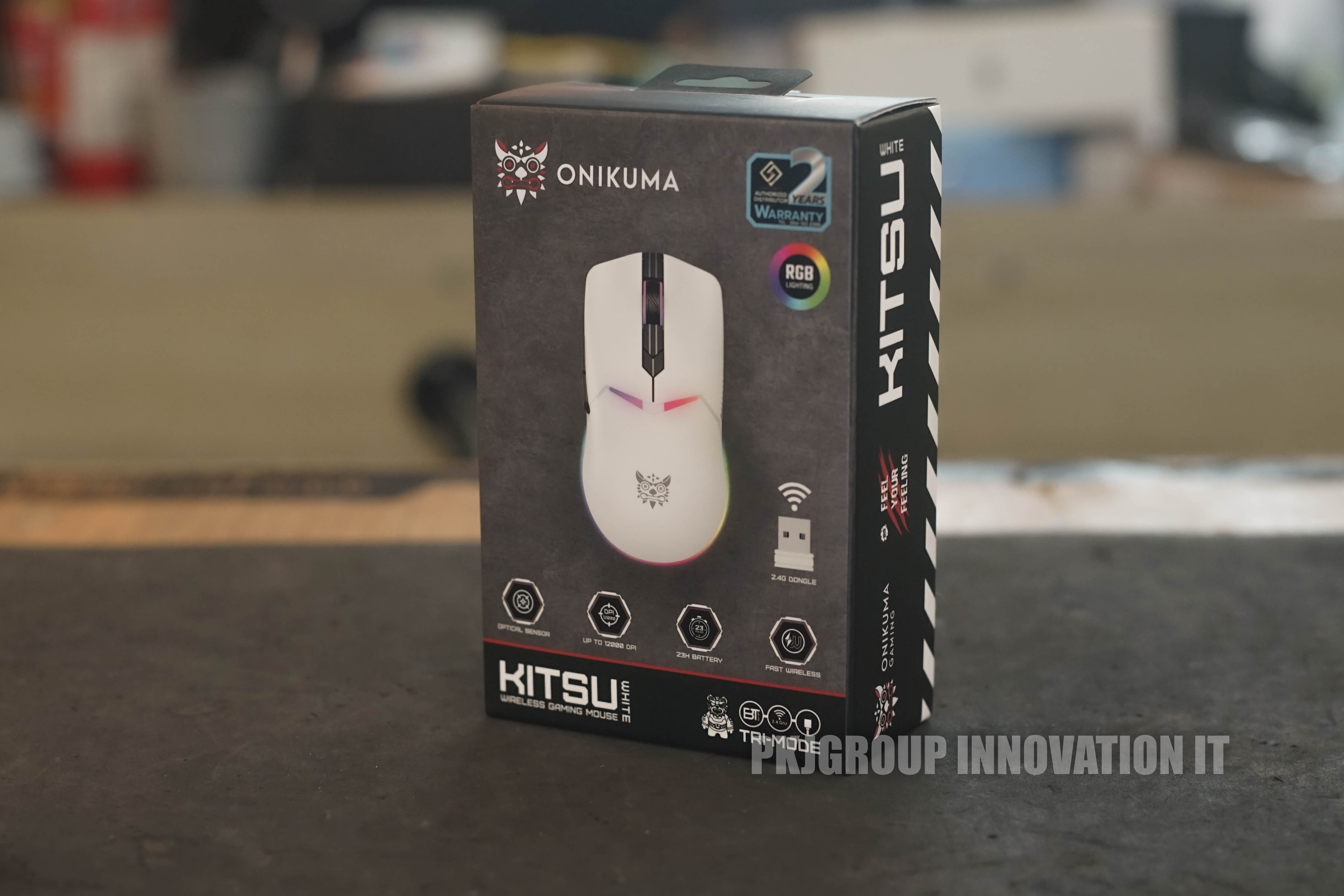 เมาส์เล่นเกมไร้สาย Onikuma Kitsu สีขาว Tri-Mode DPI 7 ระดับ RGB สามารถปรับได้