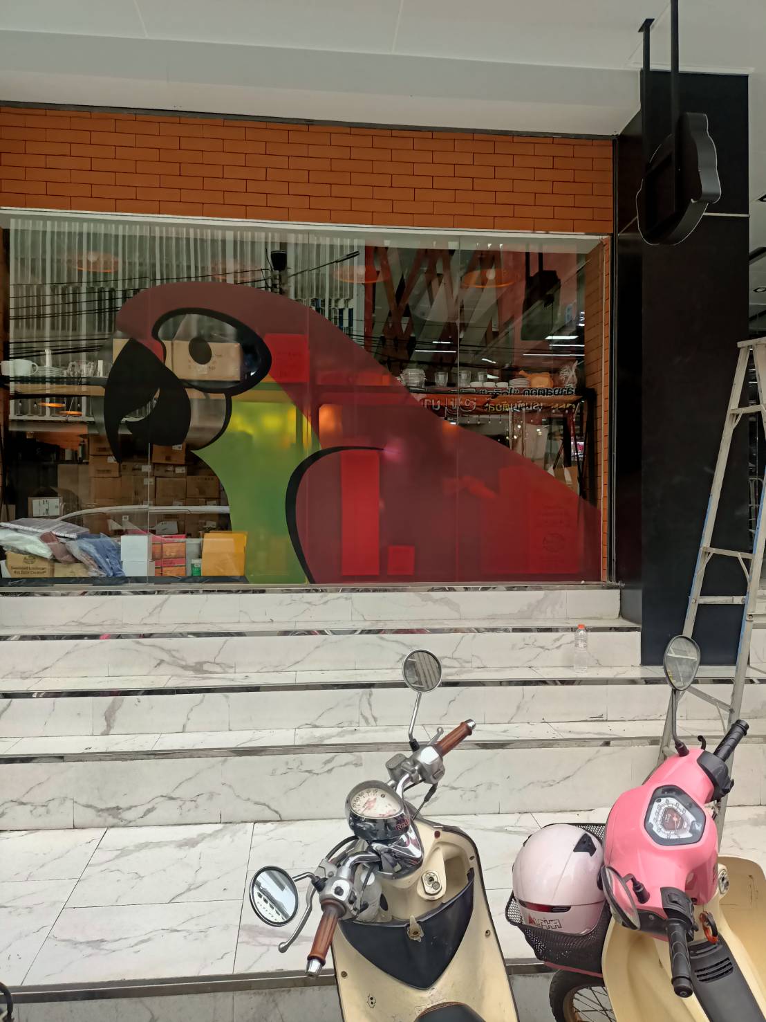 ป้ายปริ้นท์สติกเกอร์ติดลงบนกระจก รูปนกงานอเมซอน