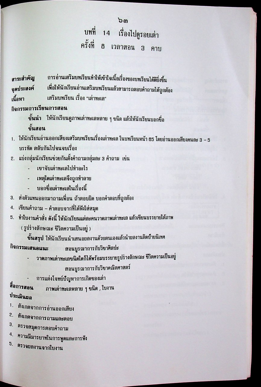 แผนการสอน วิชาภาษาไทย แบบบูรณาการ ชั้นประถมศึกษาปีที่ ๓ ภาคเรียนที่ ๒