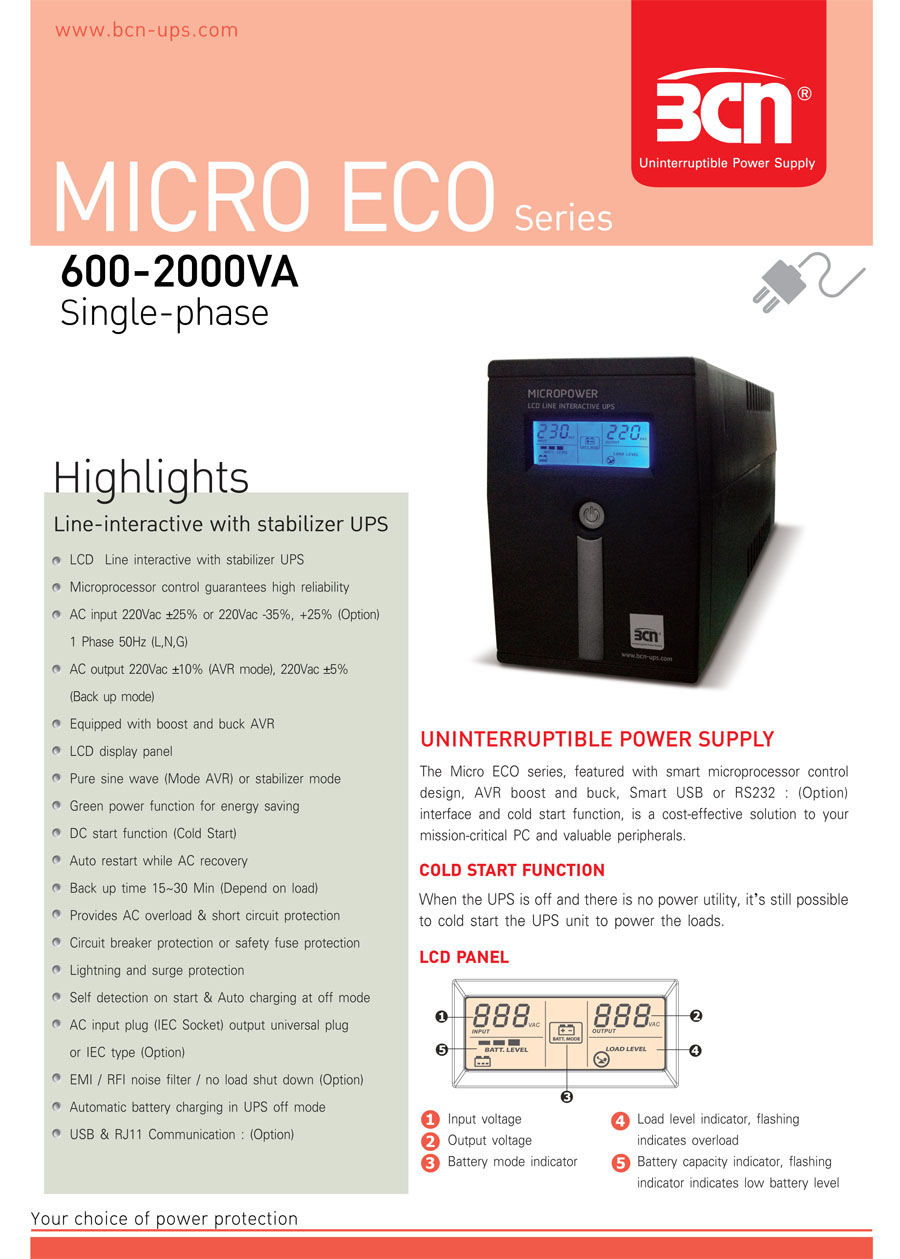 สำรองไฟฟ้า BCN 1KVA 400W 'Micro Eco'