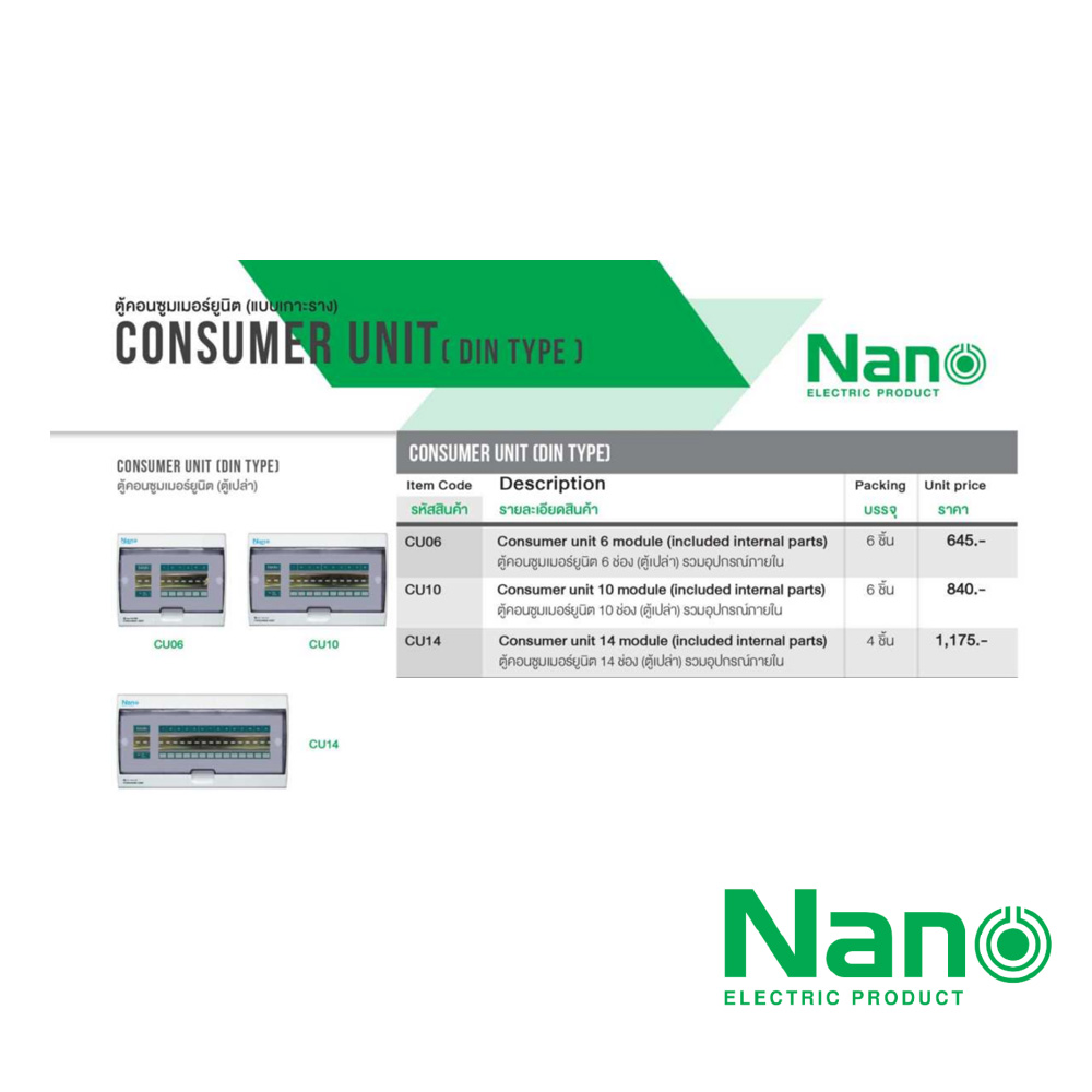 Nano Electric® CU-14 ตู้คอนซูเมอร์ยูนิต SHIHLIN/NANO เมน+14ช่อง ( ตู้เปล่า) ( 1 ชิ้น/กล่อง )