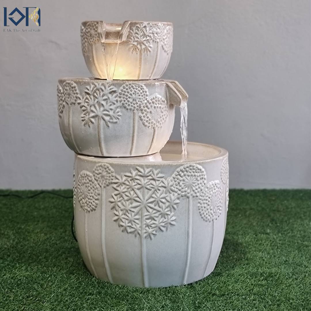 น้ำพุตั้งพื้นหน้าบ้าน รุ่นเซรามิก3ชั้นMZ16191BA น้ำพุหน้าบ้านแต่งสวนสวย เสริมฮวงจุ้ยบ้าน