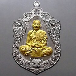 เหรียญเสมาเสือคาบดาบ รุ่น1 เนื้อตะกั่วหน้ากากทองทิพย์หลังเรียบ ตอก 9 รอบ ฝังตระกรุด หลวงพ่อพัฒน์ วัดห้วยด้วน โคท 871