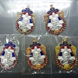 เหรียญเสมาเสือคาบดาบ 3 ครบชุดกรรมการ หน้ากากเงินลงยาสีธงชาติ 5 เหรียญ 5 เนื้อ หลังเสือคู่ หลวงพ่อพัฒน์ วัดห้วยด้วน