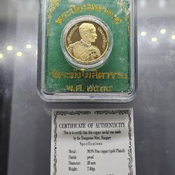 เหรียญพระปิยะมหาราช เนื้อทองแดงชุบทอง ขัดเงาพ่นทราย บล็อกฮังการี่ ขนาด 2.5 เซน วัดระฆังโฆสิตาราม ปี2538 ตลับเดิม