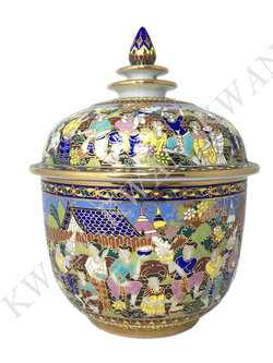KWAN โถเบญจรงค์ 5 นิ้ว ลายประเพณีก่อพระทราย พื้นดำ