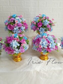 พานดอกไม้ประดิษฐ์ ขนาด 6" โทนสีฟ้า-ม่วง