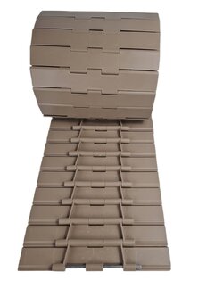 821-K1000 Straight Top chain width 254 mm Pitch 38.1mm POM material Brow color สายพานลำเลียง(Conveyer) ขวดในโรงงานอุตสาหกรรมเป่าขวดหรือโรงงานผลิตน้ำ