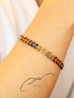 สร้อยข้อมือทองคำลายใบไม้ ฝังพลอย 3 สหาย ทับทิม ไพลิน เขียวส่อง #สร้อยข้อมือพลอยแท้