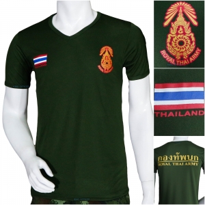 เสื้อยืดทหาร กองทัพบก ทบ เขียวขี้ม้าเข้ม คอวี สกรีนหน้า-หลัง ผ้าไมโครของแท้ 100% (มีชำระปลายทาง)