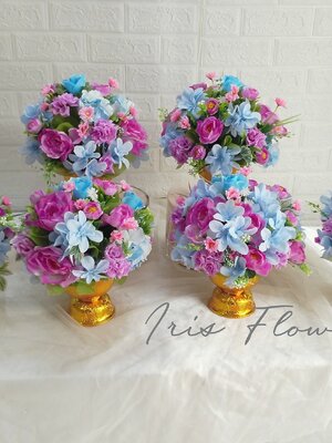 พานดอกไม้ประดิษฐ์ ขนาด 6" โทนสีฟ้า-ม่วง