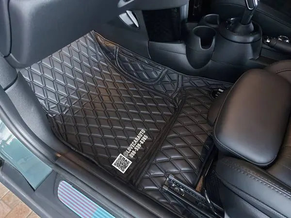 พรมปูพื้นรถยนต์ 6D Mini Cooper F56 สีดำล้วนด้ายคู่เต็มคัน+แผ่นท้ายกระดุมเล็กpvc