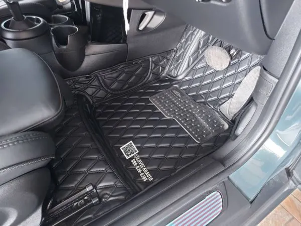 พรมปูพื้นรถยนต์ 6D Mini Cooper F56 สีดำล้วนด้ายคู่เต็มคัน+แผ่นท้ายกระดุมเล็กpvc